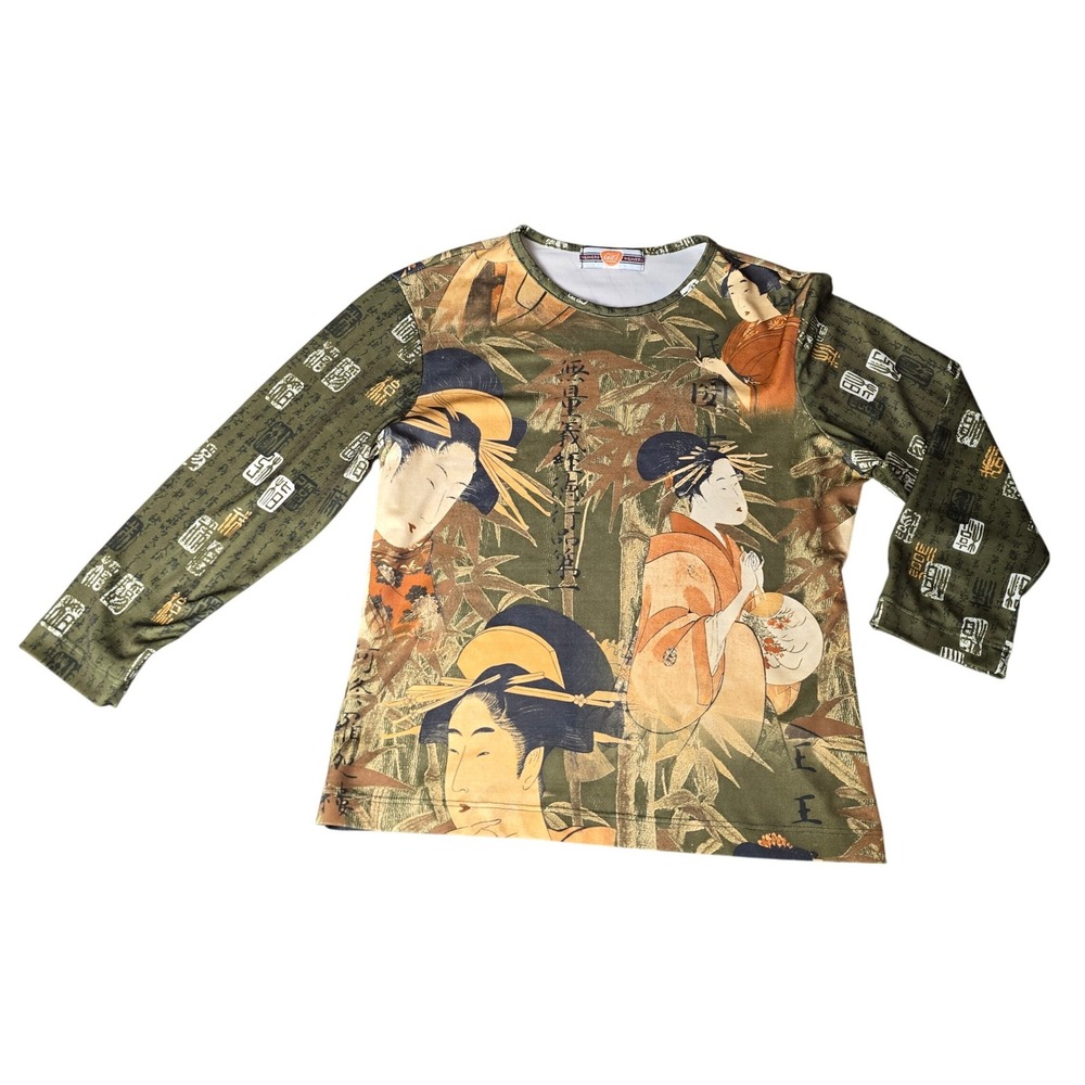 Vintage Y2K Weavers Girl Geisha Graphic Long Sleeve‎ Shirt Green Asian Aesthetic